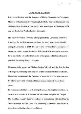 Information on Lady Anne Barlow and her fund.